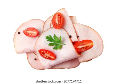 Sliced Cold Smoked Turkey Breast Isolated On White Background. Top View