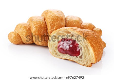 Sliced croissant with strawberry jam isolated on white background.