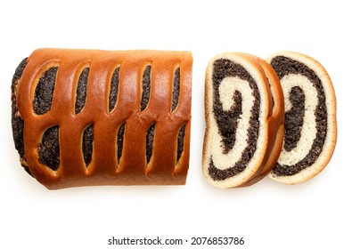 Sliced Czech poppy seed strudel isolated on white. Top view.