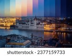 Sliced day to night time lapse view of the Hungarian Parliament Building at River Danube in Budapest