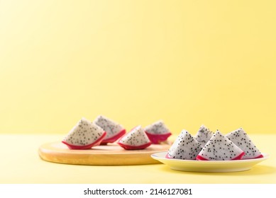 Sliced Dragon Fruit Or Pitaya Ready To Eating On Yellow Background, Tropical Fruit