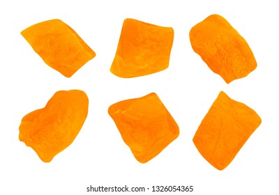 sliced dried apricot cubes path isolated