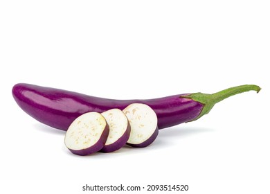 Sliced ​​purple eggplant and purple eggplant. isolated on white background.