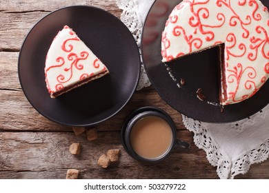 Sliced Festive Red Velvet Cake And Coffee Close-up On The Table. Horizontal View From Above
