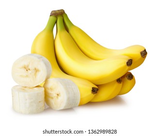 sliced five bananas isolated white background with clipping path and shadow