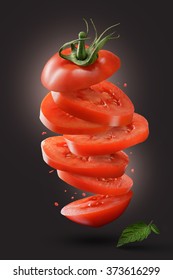 Sliced Flying Tomato With Green Leaf On Dark Background