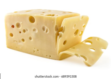 Sliced Fresh Emmental Cheese On White Background, Cow Cheese