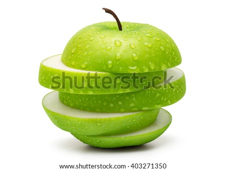 Sliced Fresh Green Apple Isolated on White Background in Full Depth of Field with Clipping Path.