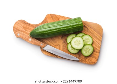 Sliced fresh green cucumber on cutting board isolated on the white background. - Powered by Shutterstock