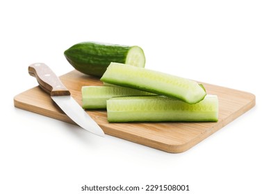 Sliced fresh green cucumber on cutting board isolated on the white background. - Powered by Shutterstock