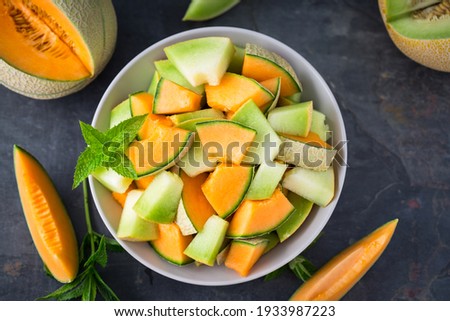 Sliced fresh melons in the plate
