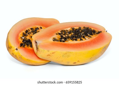 Sliced Of Fresh Papaya Isolated On White Background. Papain.