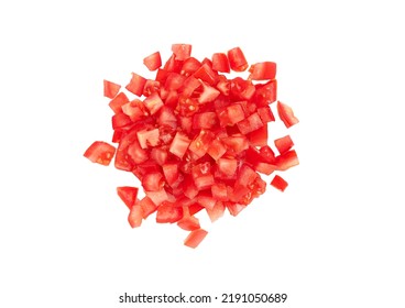 Sliced fresh raw red tomato, cubes, heap, isolated on white background, top view, close-up - Powered by Shutterstock