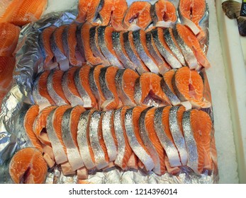 Sliced Fresh Salmon Fish On The Market