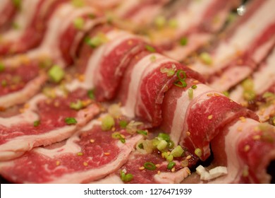 Sliced Frozen Beef Brisket For Yakinuku Or Shabu. It Is A Popular Korean And Japanese Dish And Consists Of Thick, Fatty Slices Of Beef. 