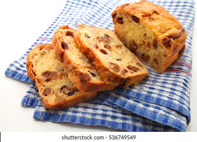 Sliced Fruit Bread On The Blue Tea Towel