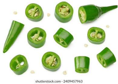 sliced green hot chili peppers isolated on white background clipping path. top view - Powered by Shutterstock