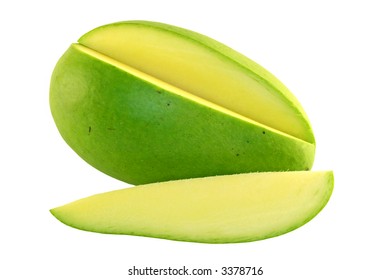 Sliced Green Mango On A White Background