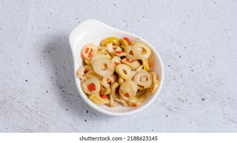 Sliced Green Olives Bowl Top View Isolated