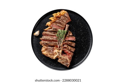 Sliced Grilled Florentine steak. T bone meat beef. Isolated on white background - Shutterstock ID 2288030021