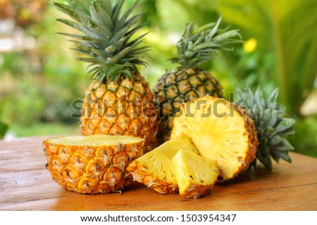 Sliced and half of Pineapple(Ananas comosus) on wooden table with blurred garden background.Sweet,sour and juicy taste.Have a lot of fiber,vitamins C and minerals.Fruits or healthcare concept.