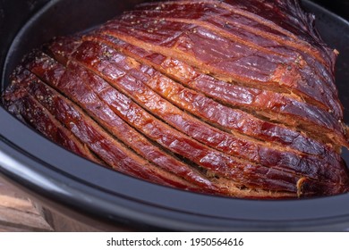 Sliced Ham Cooked In A Slow Cooker Closeup