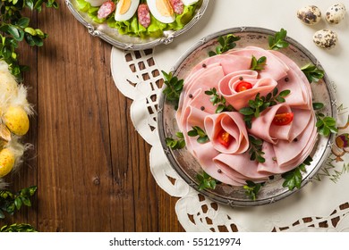 Sliced Ham With Decoration Easter. Top View.