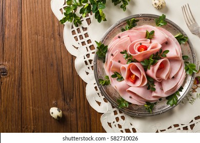 Sliced Ham With Decoration Easter. Top View.