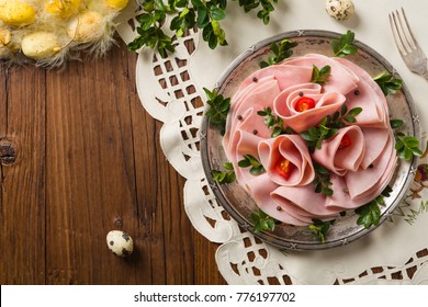 Sliced Ham With Decoration Easter. Top View.