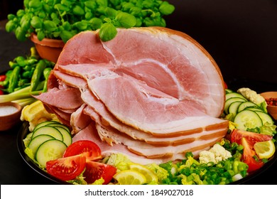 Sliced Ham With Fresh Salad Close Up. Top View.