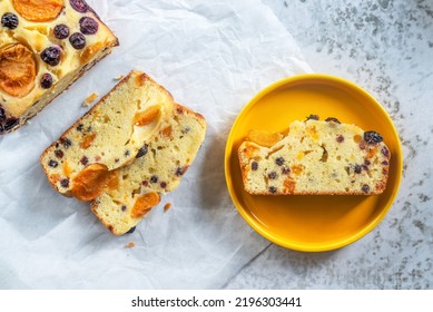 Sliced Homemade Apricot Blueberry Pound Cake.
