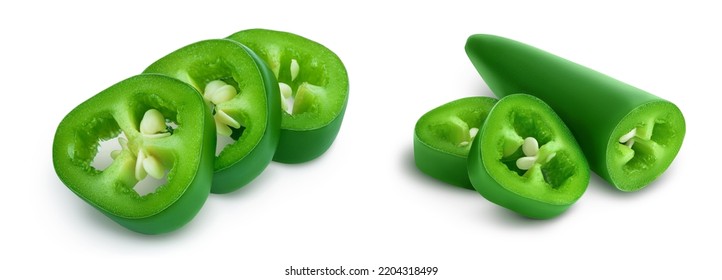 Sliced Jalapeno Pepper Isolated On White Background. Green Chili Pepper With Full Depth Of Field.