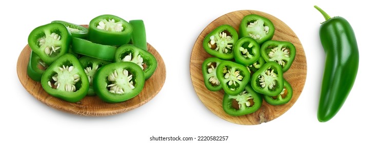 Sliced Jalapeno Pepper In Wooden Bowl Isolated On White Background. Green Chili Pepper With Full Depth Of Field.