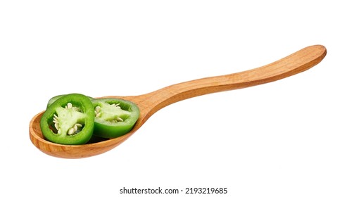 Sliced Jalapeno Pepper In Wooden Spoon Isolated On White Background, Close-up.