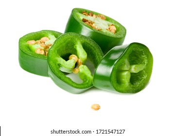 Sliced Jalapeno Peppers Isolated On White Background. Green Chili Pepper. Capsicum Annuum.