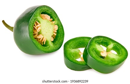 sliced jalapeno peppers isolated on white background. Green chili pepper. Capsicum annuum. clipping path