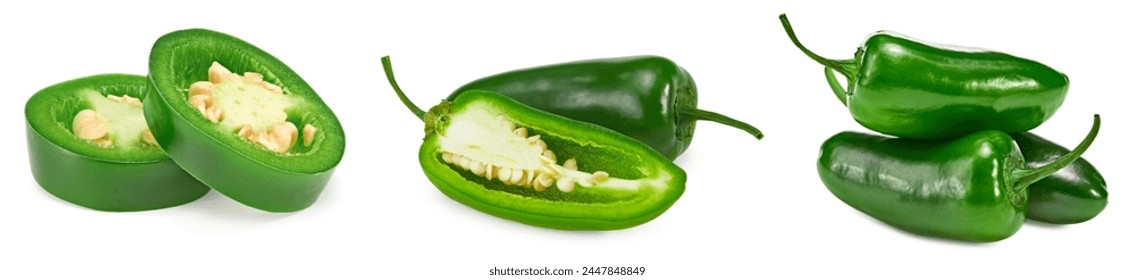 sliced jalapeno peppers isolated on white background. Green chili pepper. Capsicum annuum. clipping path