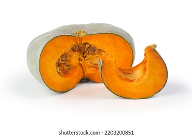 Sliced Jarrahdale Winter Squash Pumpkin And Slice Isolated On White Background