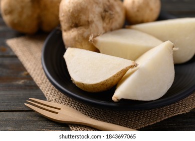 Sliced Jicama Or Yam Bean, Jicama Can Be Eaten Raw Or Cooked, The Taste Are Crisp, Juicy, Moist, And Slightly Sweet