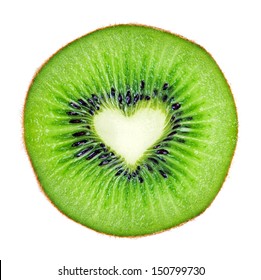 Sliced  Juicy Kiwi Fruit Macro With Heart Shape  Over White. 