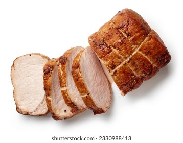 sliced juicy roast pork isolated on white background, top view - Shutterstock ID 2330988413
