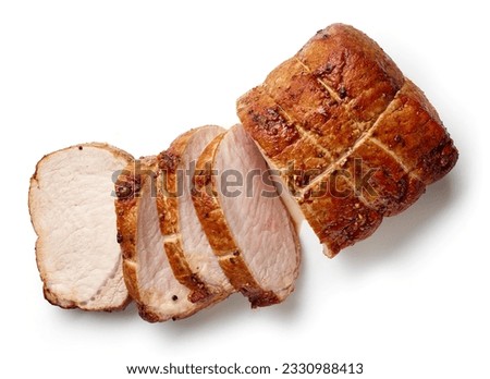 sliced juicy roast pork isolated on white background, top view