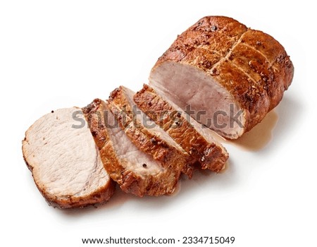 sliced juicy roast pork isolated on white background