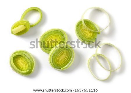 sliced leek isolated on white background, top view