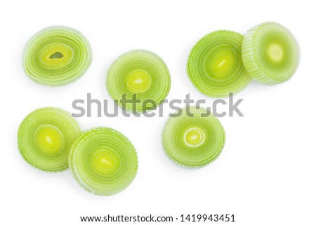 sliced Leek vegetable isolated on white background. Top view. Flat lay