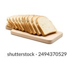 Sliced loaf of white bread on cutting board, isolated on white background.