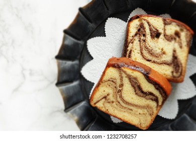 Sliced Marble Caramel Pound Cake On Bowl