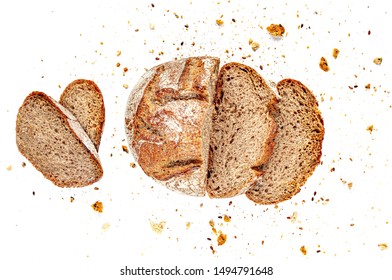 Sliced Multigrain bread isolated on a white background. Rye Bread  slices with crumbs. Top view. Close up