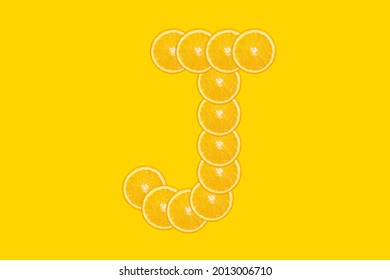 Sliced Orange Alphabet - Letter J. Yellow Background. Fresh Healthy Orange Fruit. Juicy Font.