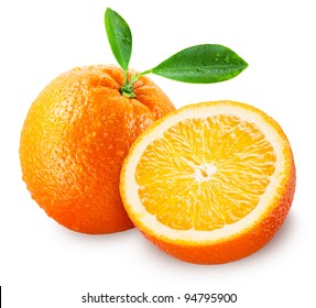 Sliced Orange Fruit With Leaves Isolated On White Background + Clipping Path